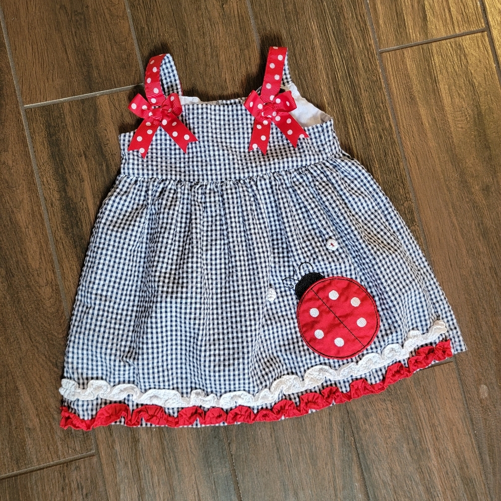 Rare 2, 2T navy blue plaid dress with polka-dot red ribbons, and a ladybug